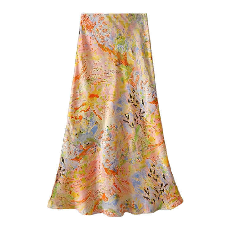 Women's flowing midi skirt with floral print and A-line silhouette in satin-like fabric Mune Fashion