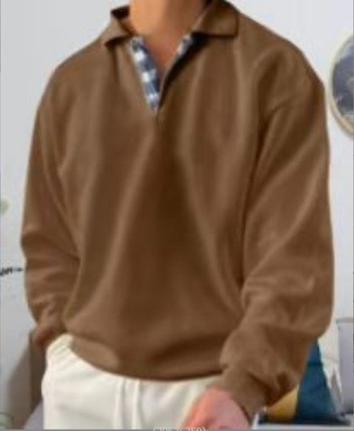 Men's casual long sleeve polo with open V-neck, shirt collar, and check inside placket Mune Fashion