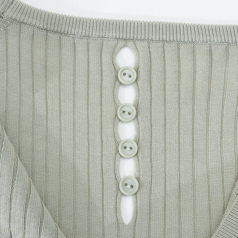 Women's Ribbed Short Sleeve Knit Top with Round Neckline and Keyhole Detail Mune Fashion