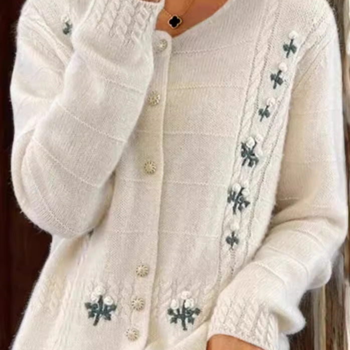Women's knit cardigan with floral relief embroidery and cable pattern Mune Fashion