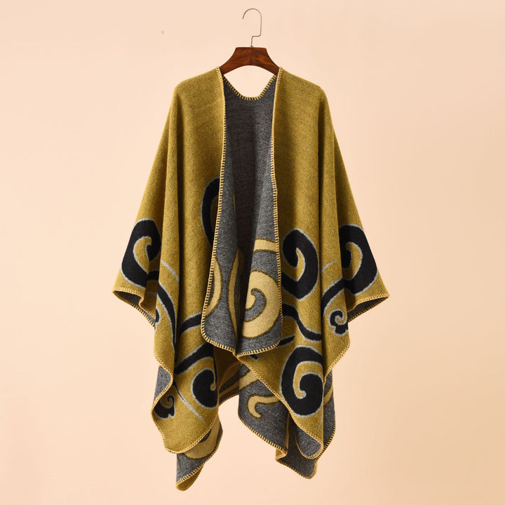 Women's Wool Blend Cape Poncho in Ruana Cut with Ornamental Intarsia Structure Mune Fashion