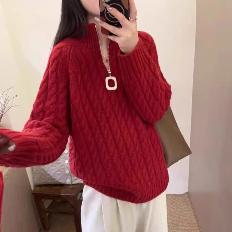 Women Oversize Cable Knit Fine Knit Sweater with Half Zipper and Stand-up Collar Mune Fashion