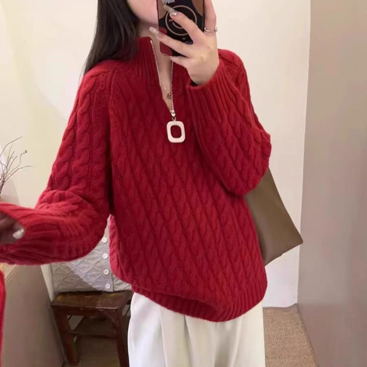 Women Oversize Cable Knit Fine Knit Sweater with Half Zipper and Stand-up Collar Mune Fashion