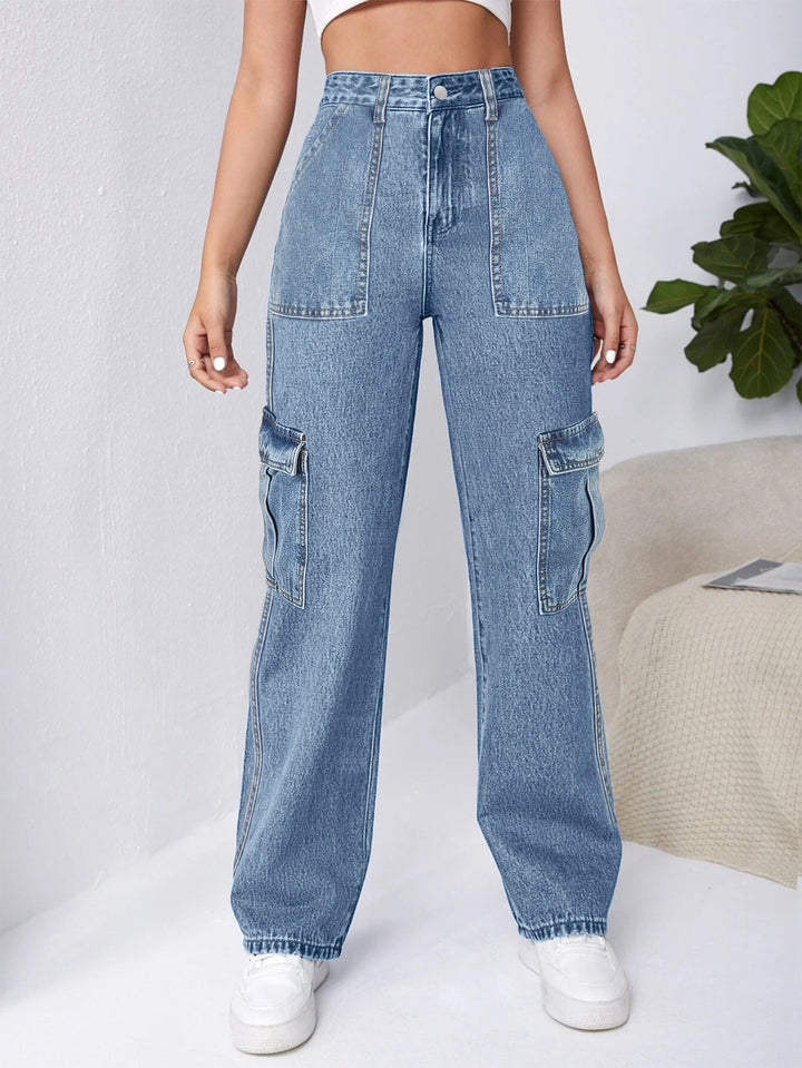 Women High-Waisted Cargo Wide Jeans with Patch Pockets and Elastic Hem Mune Fashion