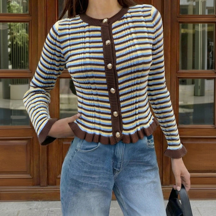 Women Ribbed Short Cardigan with Ruffle Cuffs & Statement Buttons Mune Fashion