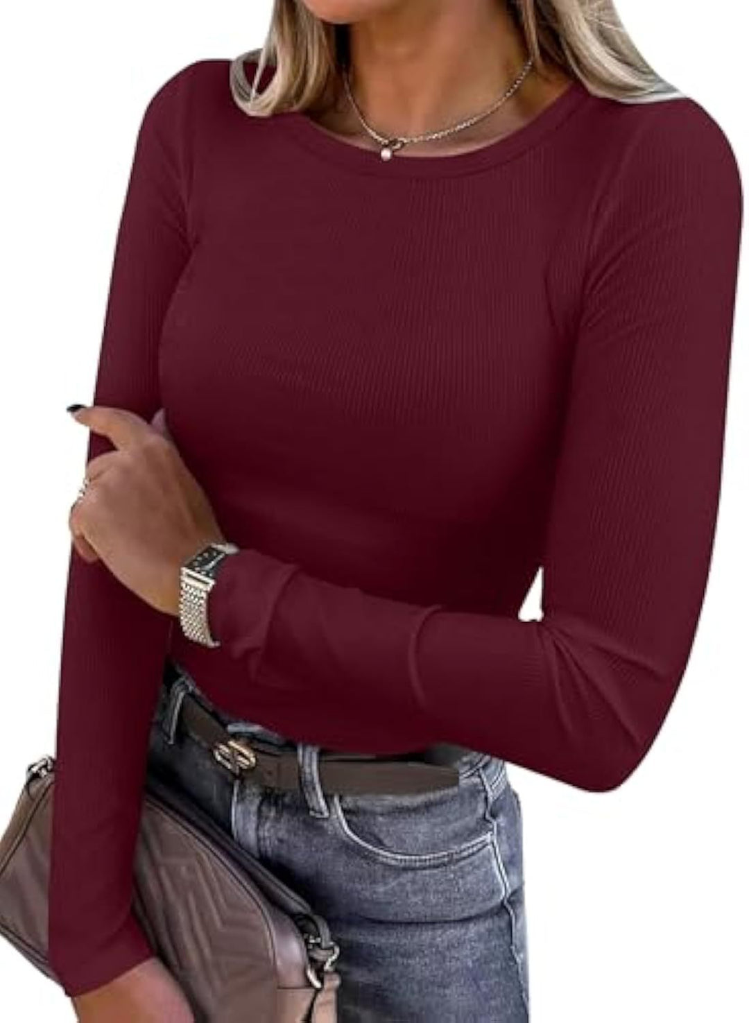 Women's Slim-Fit Ribbed Long Sleeve with Round Neckline and Stretch Cotton Blend Drune