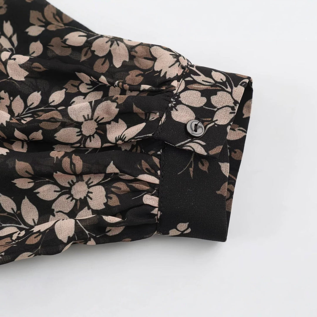 Women Floral Midi Dress with Pleated Top, Stand Collar and Balloon Sleeves Mune Fashion