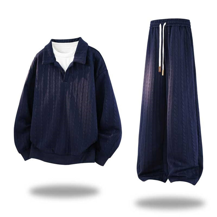Men's Oversized Structured Lounge Set with Polo Collar, Cable Knit Look & Wide Leg Mune Fashion