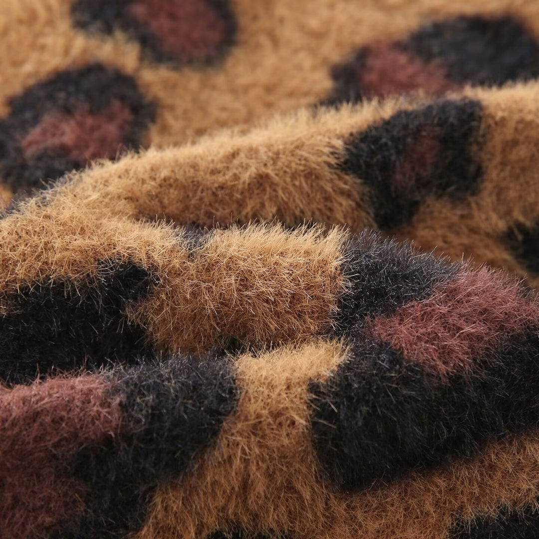 Women's Fluffy Cardigan in Leopard Print with Round Neck and Button Placket Mune Fashion