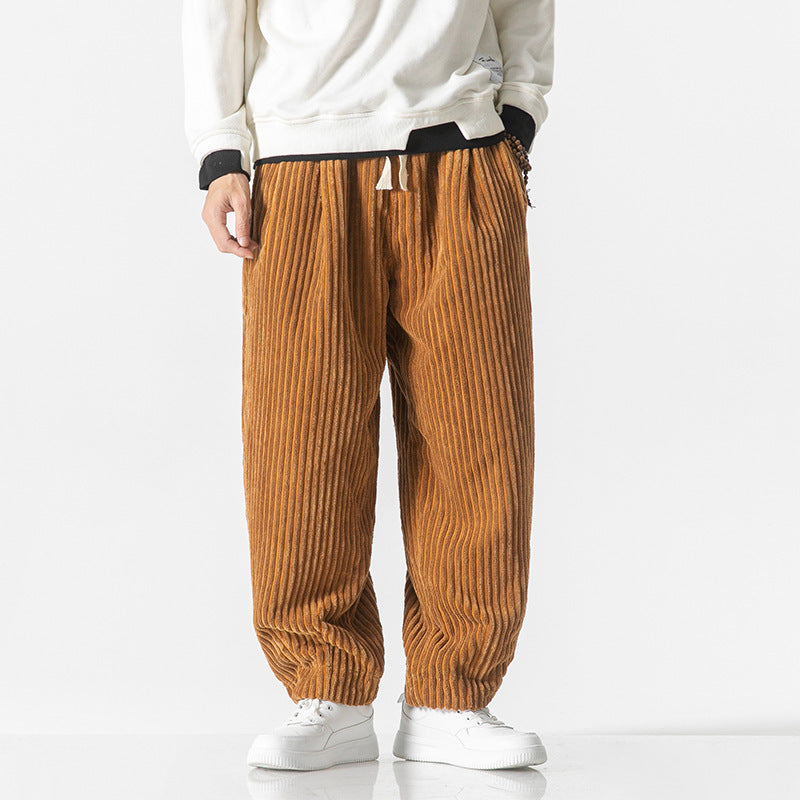 Men's Loose-Fit Corduroy Balloon Pants with Drawstring and Wide Rib Relief Mune Fashion