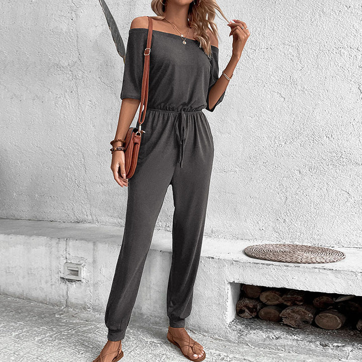 Women's Off-Shoulder Casual Jumpsuit with Drawstring Waist and Long Pants Legs Mune Fashion