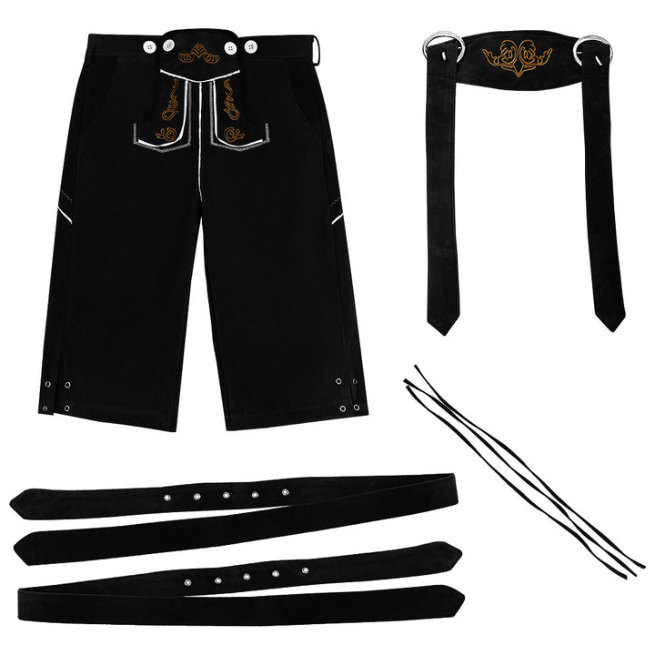 Men's traditional Bavarian leather shorts knee-length with embroidered suspenders Mune Fashion