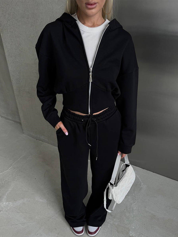 Women's two-piece cropped hoodie set with wide waistband pants cut and fitted zip Mune Fashion