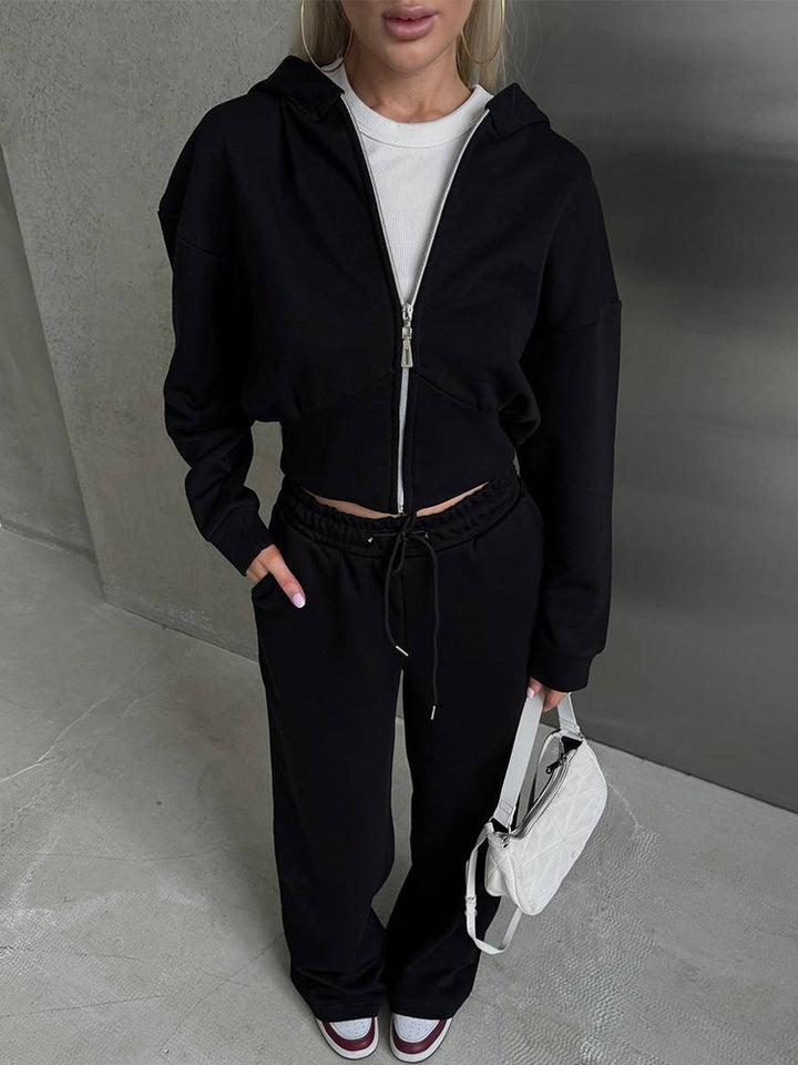 Women's two-piece cropped hoodie set with wide waistband pants cut and fitted zip Mune Fashion