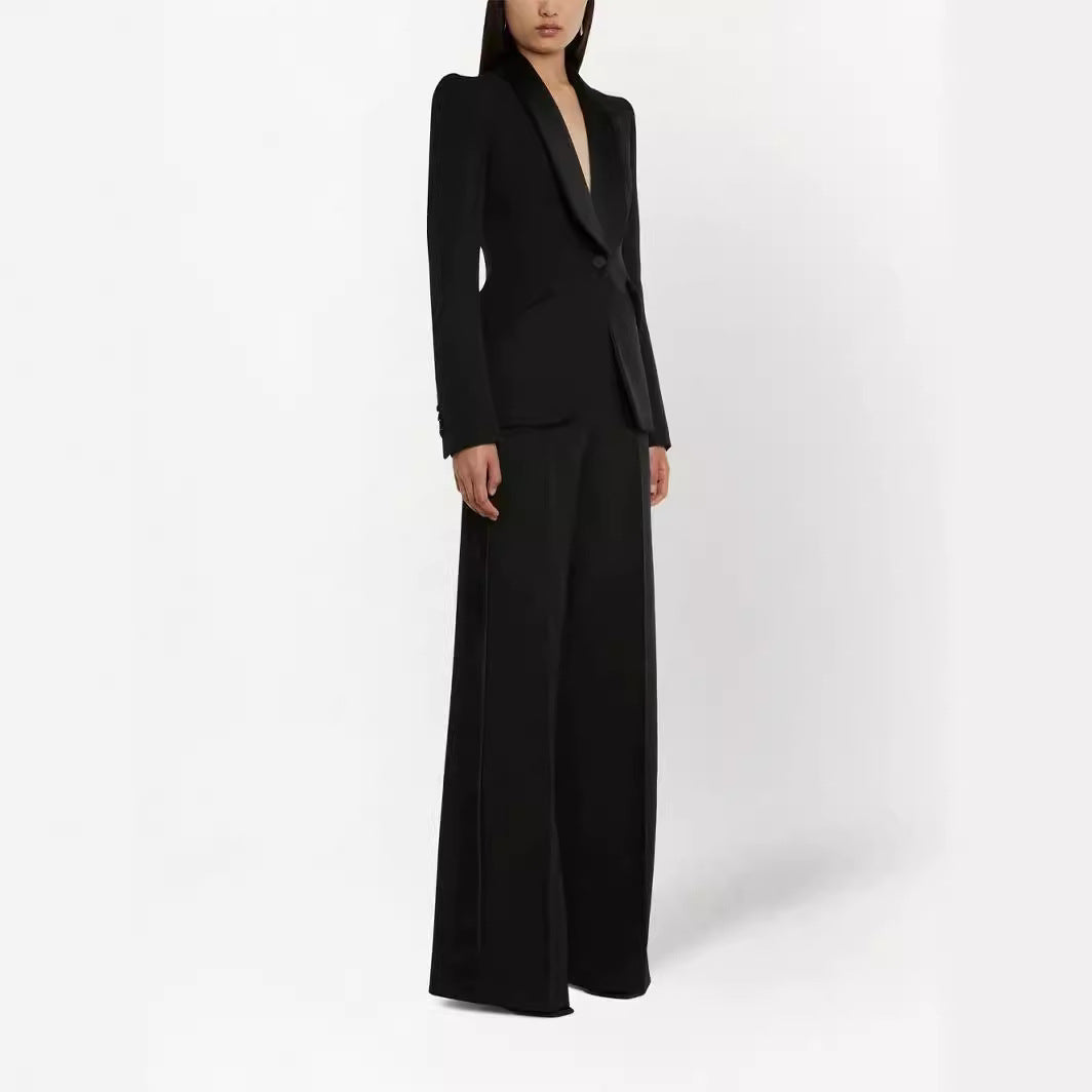 Women Elegant Tuxedo Set in Tailoring with Tailored Single-Breasted Blazer and Wide Palazzo Pants Mune Fashion