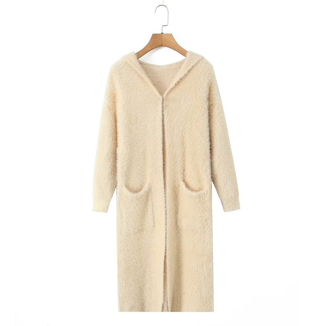 Women Longer fluffy hooded cardigan with patch pockets and open front Mune Fashion