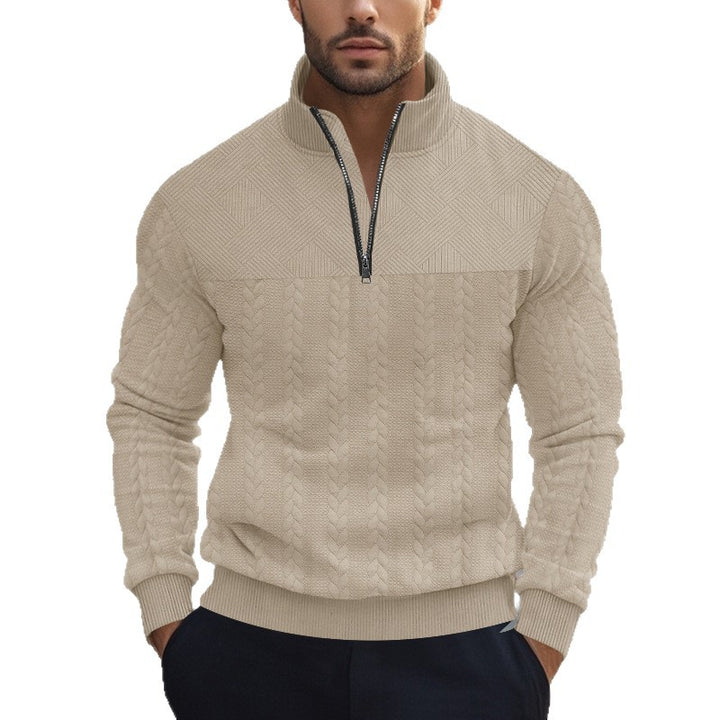 Men's cable knit half-zip pullover with stand-up collar, structured yoke and ribbed hem Mune Fashion
