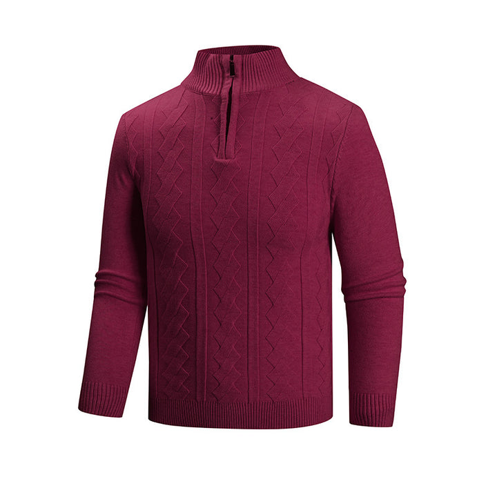 Men's fine knit half-zip pullover with cable pattern and stand-up collar Mune Fashion