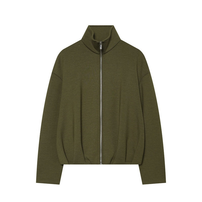 Women Boxy Cropped Stand Collar Cardigan with Full Zip and Dropped Shoulder Mune Fashion