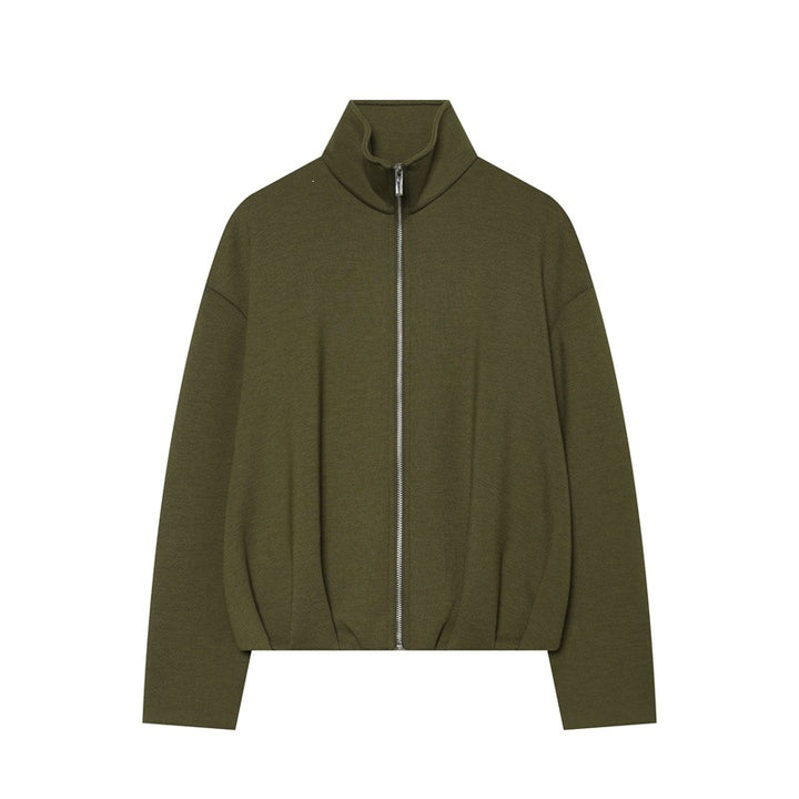 Women Boxy Cropped Stand Collar Cardigan with Full Zip and Dropped Shoulder Mune Fashion