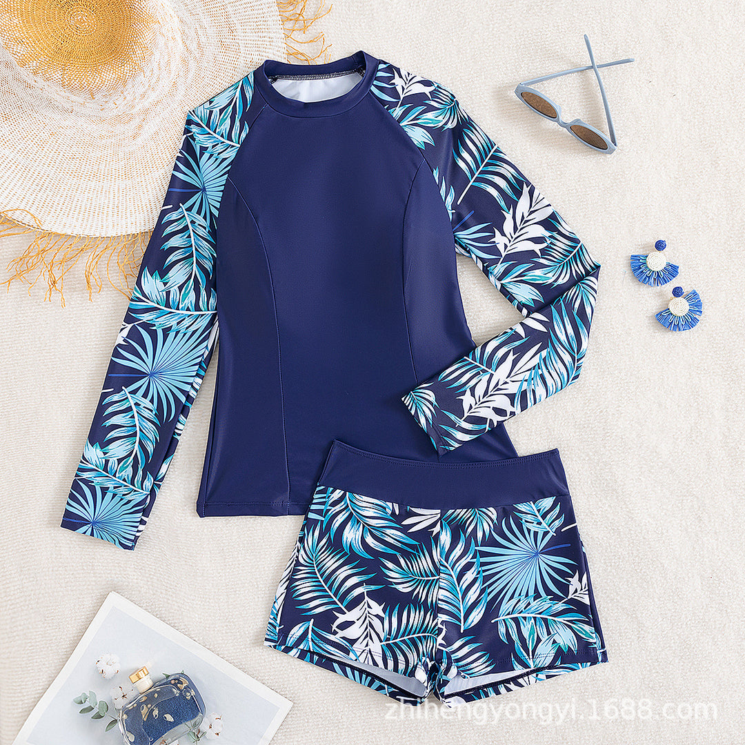 Women's Surf Suit with Long Sleeves and Stylish Plant Patterns Mune Fashion