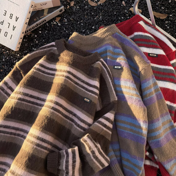 Unisex Striped Oversized Mohair-Look Sweater with Round Neck and Soft Texture Mune Fashion
