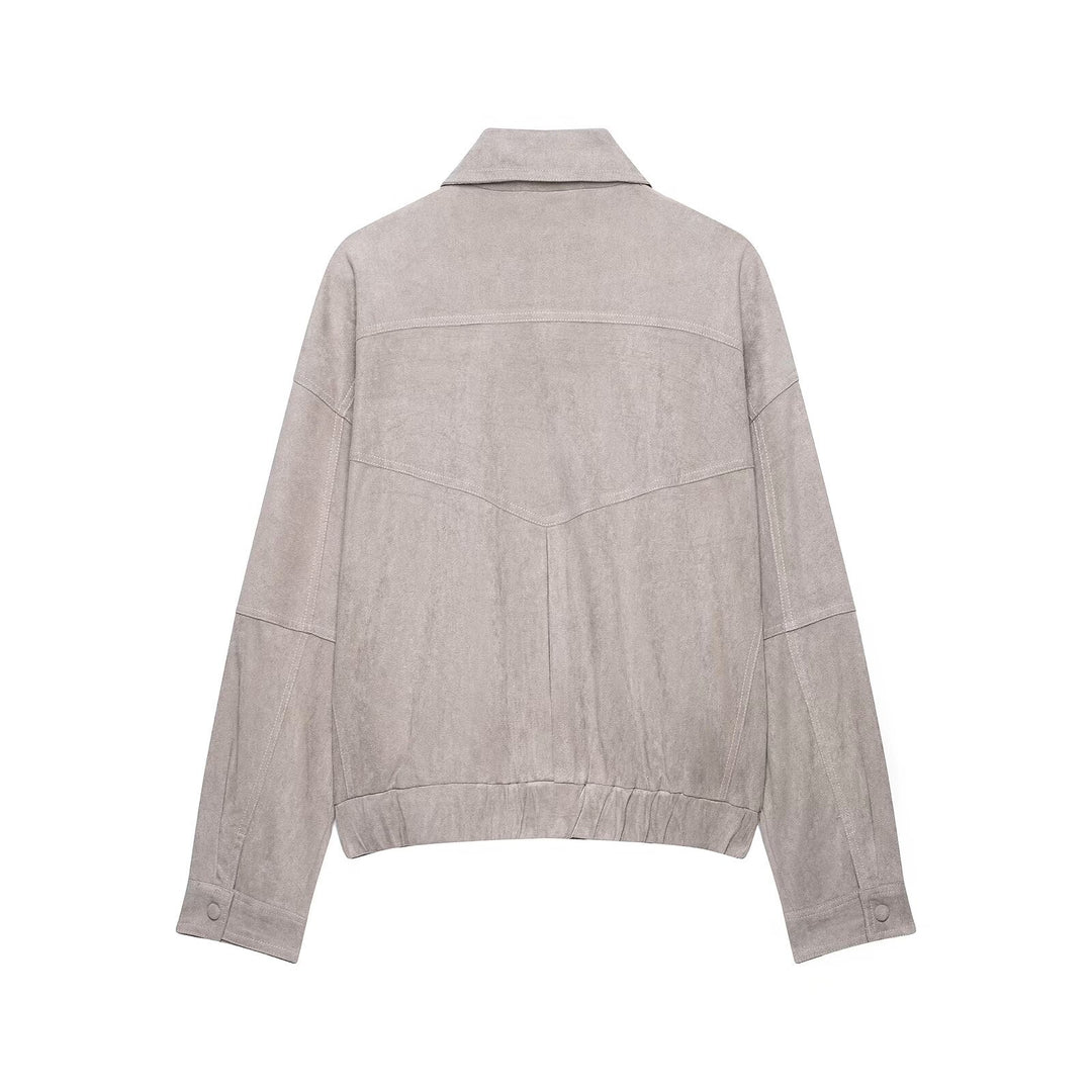 Women Oversized Suede-Like Bomber Jacket with Flap Pockets and Elastic Hem Mune Fashion