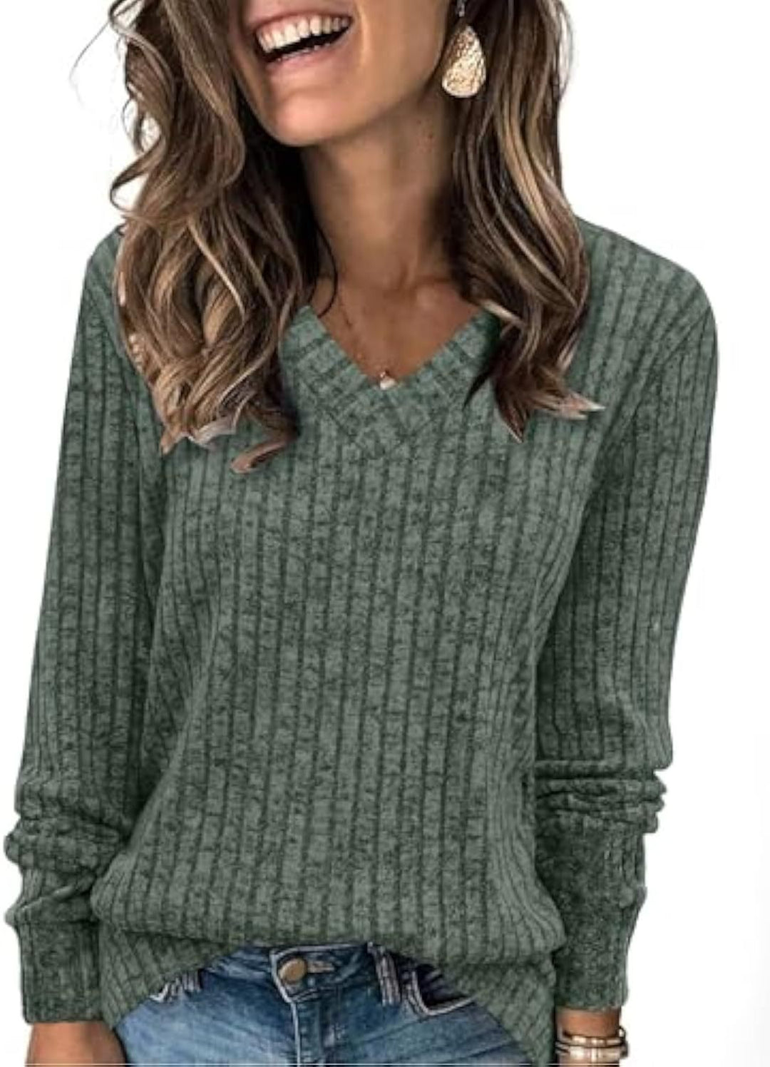 Women's ribbed V-neck fine-knit pullover with longer sleeves Drune