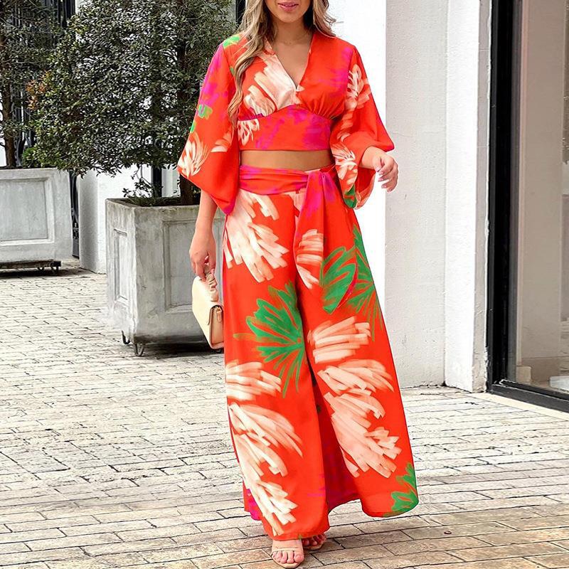 Women's Two-Piece Summer Set with Wrap Crop Top and High-Waist Palazzo Pants EB