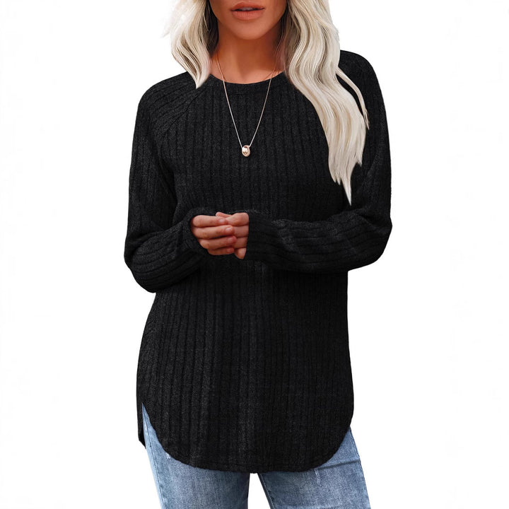 Women's ribbed knit pullover with round neckline oversized fit and side slits Mune Fashion