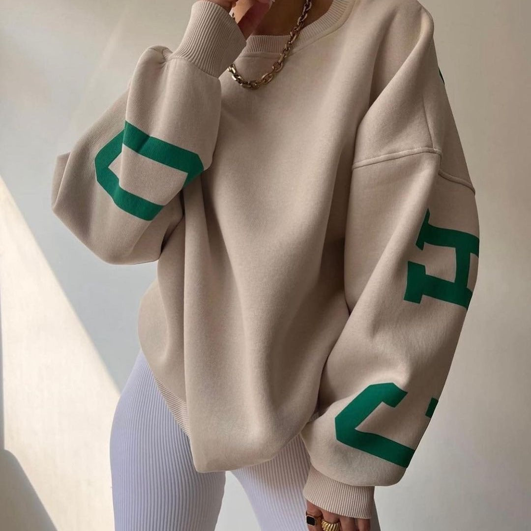 Women's Oversized Sweatshirt with Block Print Sleeves and Wide Drop Shoulder Cut Mune Fashion