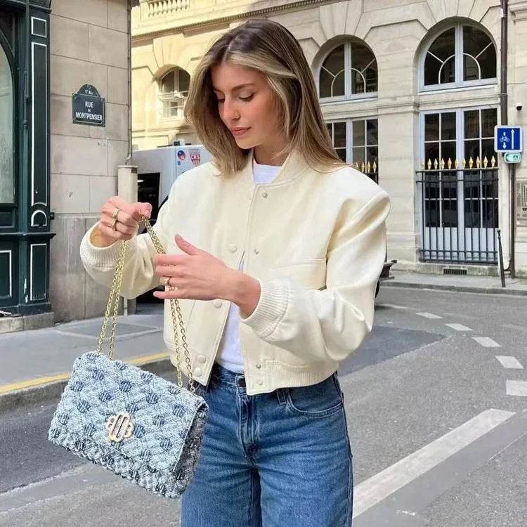 Women's short utility bomber jacket with patch pockets, concealed snap button placket, and elastic ribbed cuffs Mune Fashion