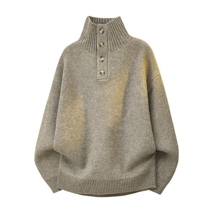 Women's Oversize Chunky Knit Sweater with Button Placket at the Stand-Up Collar and Raglan Sleeves Mune Fashion