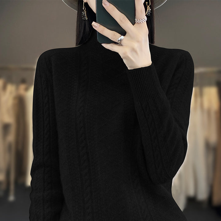 Women's Soft Cable Knit Mock Neck Sweater with Light Mohair Effect Mune Fashion