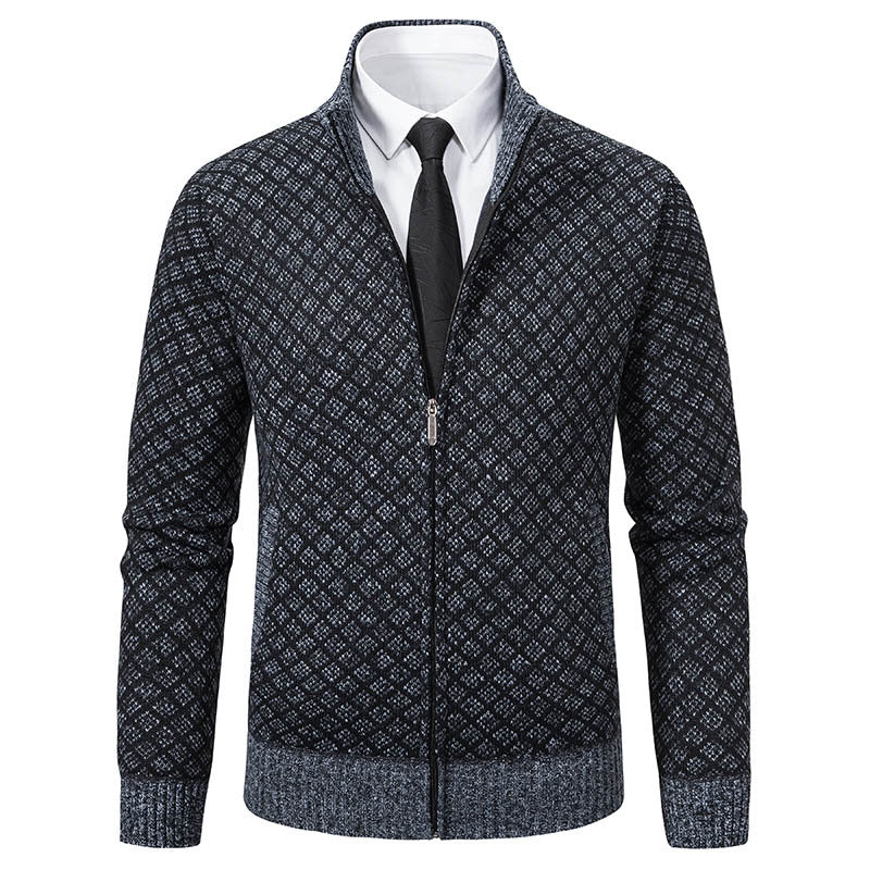 Men's Patterned Knit Zip Jacket with Stand-Up Collar, Jacquard Pattern and Ribbed Cuffs Mune Fashion