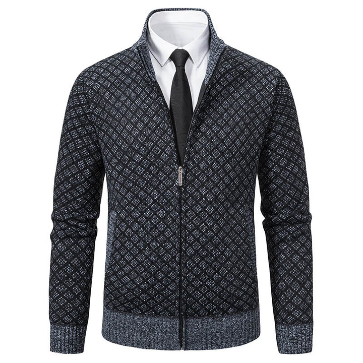 Men's Patterned Knit Zip Jacket with Stand-Up Collar, Jacquard Pattern and Ribbed Cuffs Mune Fashion