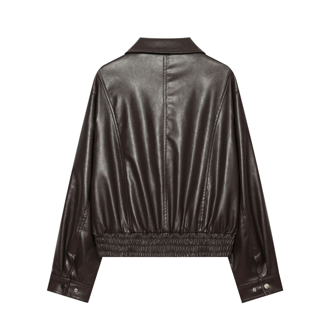 Women's Leather Look Bomber Style Blouson with Shirt Collar, Flap Pockets and Gathered Hem Mune Fashion