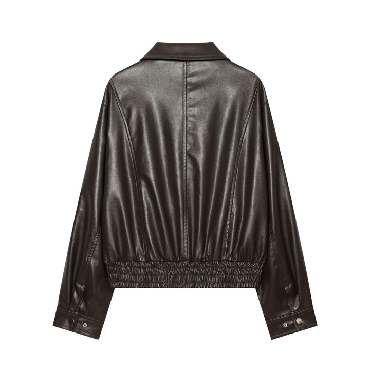 Women's Leather Look Bomber Style Blouson with Shirt Collar, Flap Pockets and Gathered Hem Mune Fashion