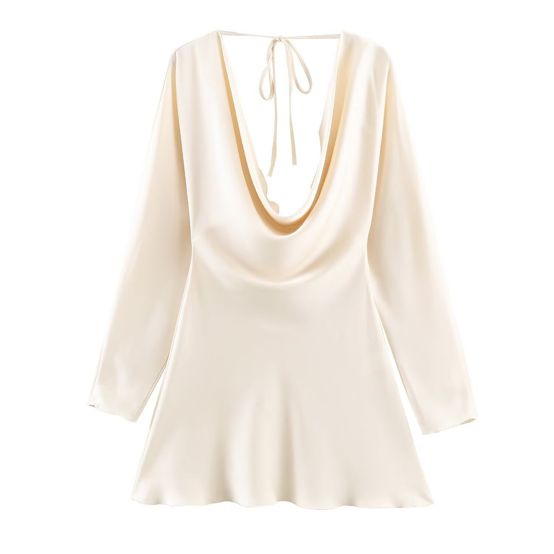 Women's Short Satin Mini Dress with Deep Waterfall Back, V-Neck Front, and Long Sleeves Mune Fashion