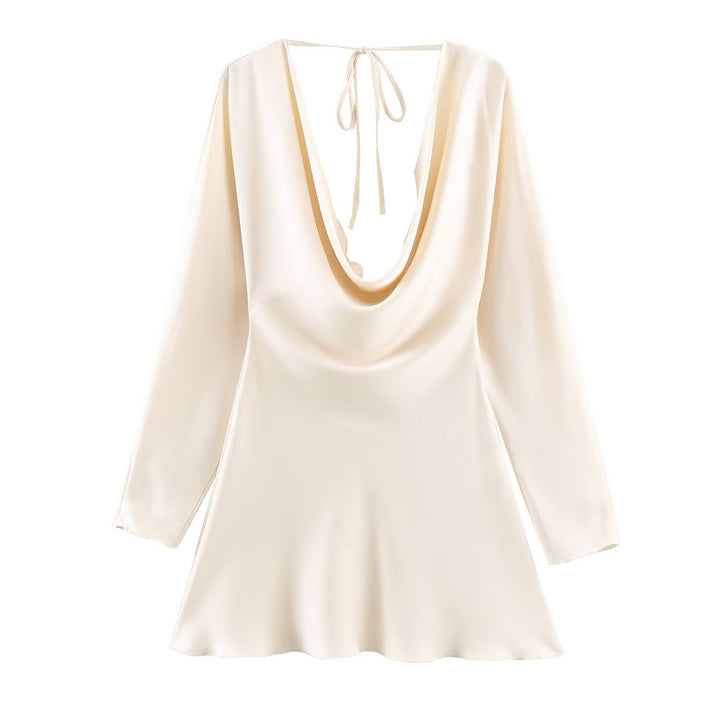 Women's Short Satin Mini Dress with Deep Waterfall Back, V-Neck Front, and Long Sleeves Mune Fashion