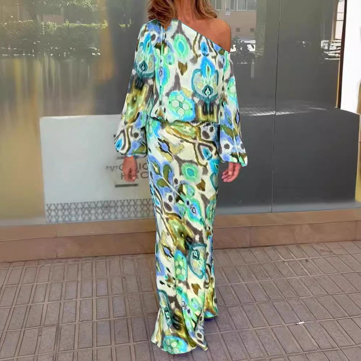 Women's maxi dress with asymmetric one-shoulder, flowing satin and bell sleeves Drune