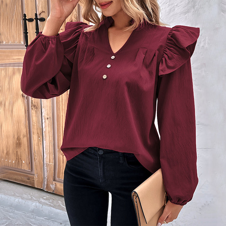 Women's Romantic Ruffled Blouse with Stand Collar, V-Neck and Balloon Sleeves Mune Fashion