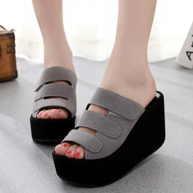Women's triple adjustable Velcro sandals with high platform wedge heel Mune Fashion