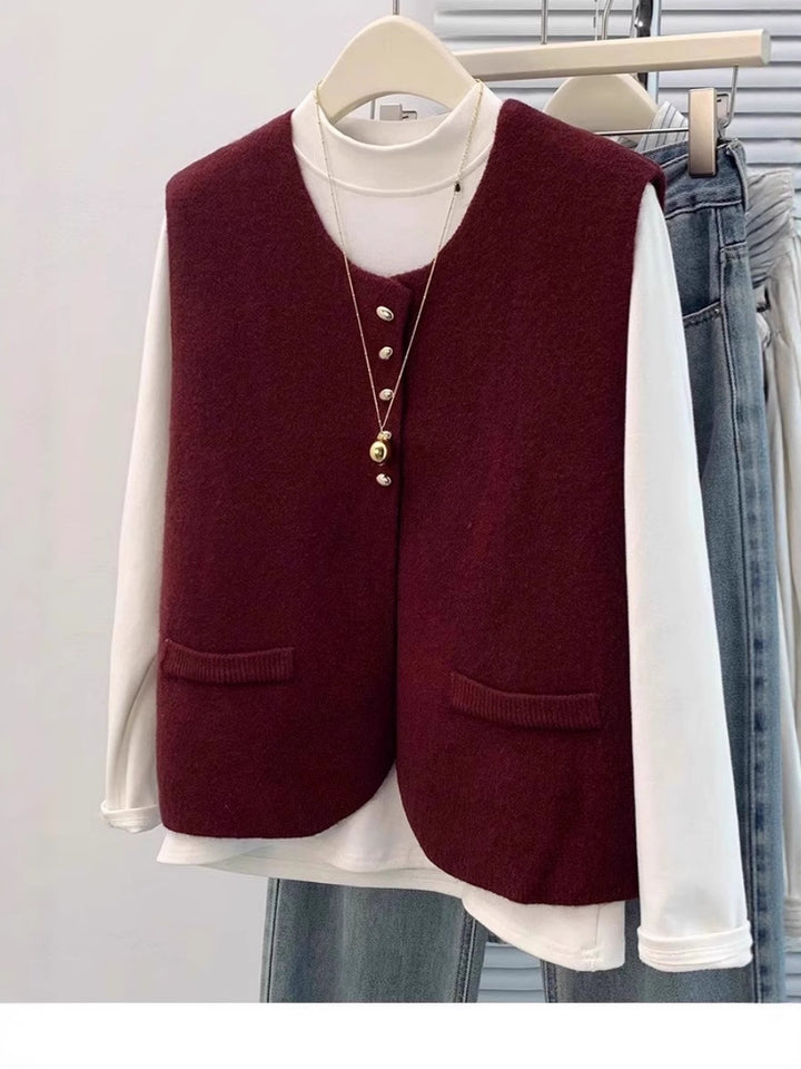 Women Short Cut Sleeveless Knit Vest with Pearl Button Placket and Patch Pockets Mune Fashion