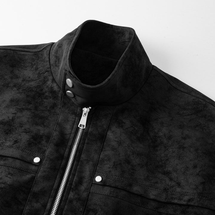 Men's Suede-Look Bomber Jacket with Stand-Up Collar, Zipper and Elastic Hem Mune Fashion