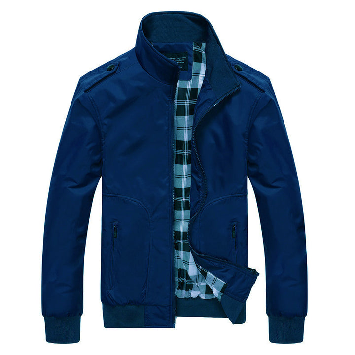 Men's transitional bomber-style jacket with stand-up collar, checkered lining, and zippered pockets Mune Fashion