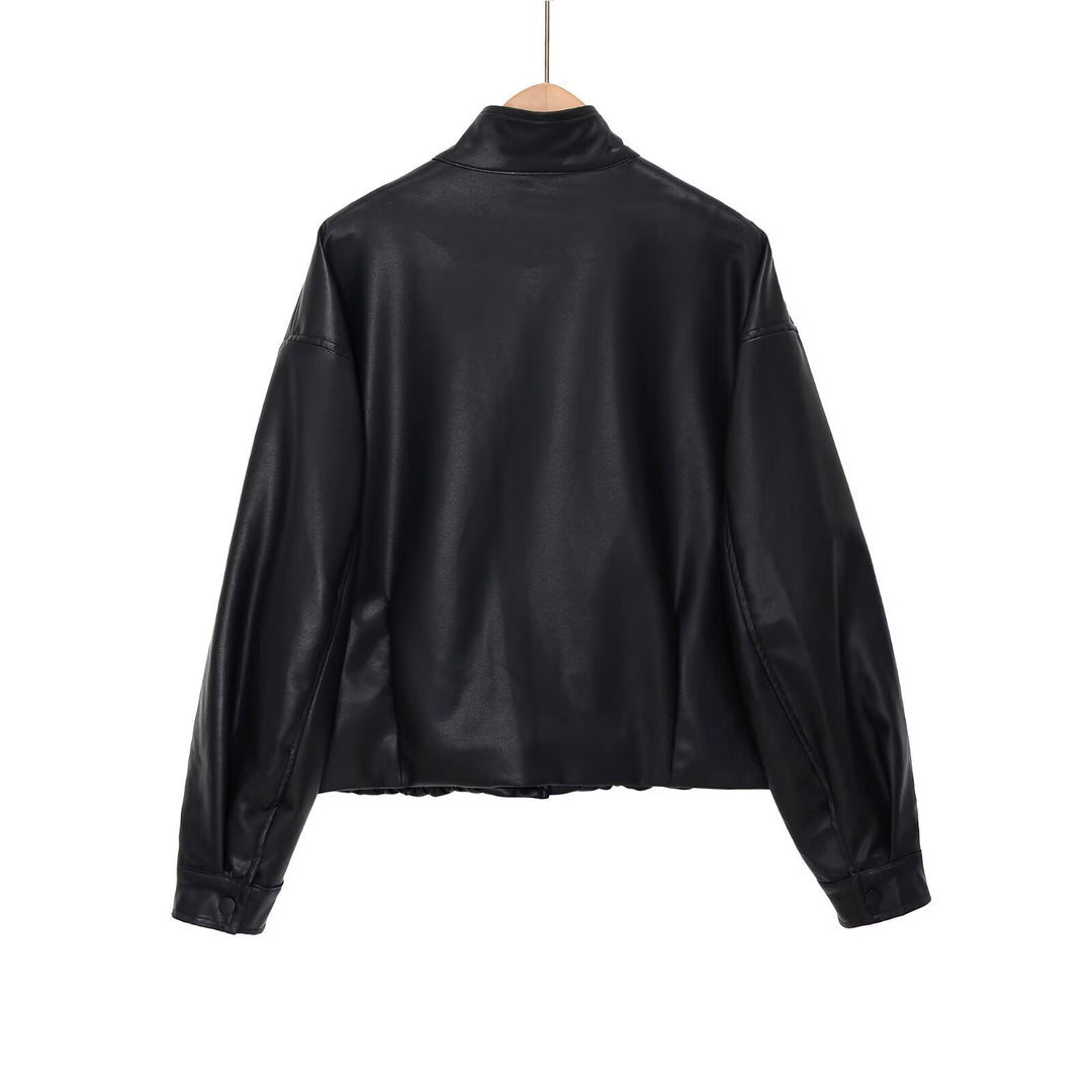 Women's short cut oversized bomber in biker style made of vegan leather look with stand-up collar Mune Fashion