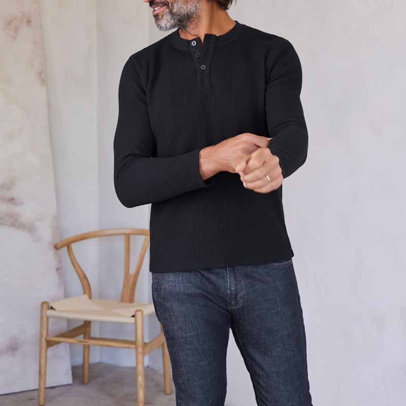 Men's Long Sleeve Waffle Knit Henley Shirt made of Thermal Cotton Blend Mune Fashion