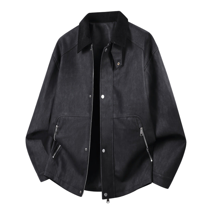Men's Oversized Faux Leather Harrington Jacket with Cord Collar and Concealed Two-Way Zipper Mune Fashion