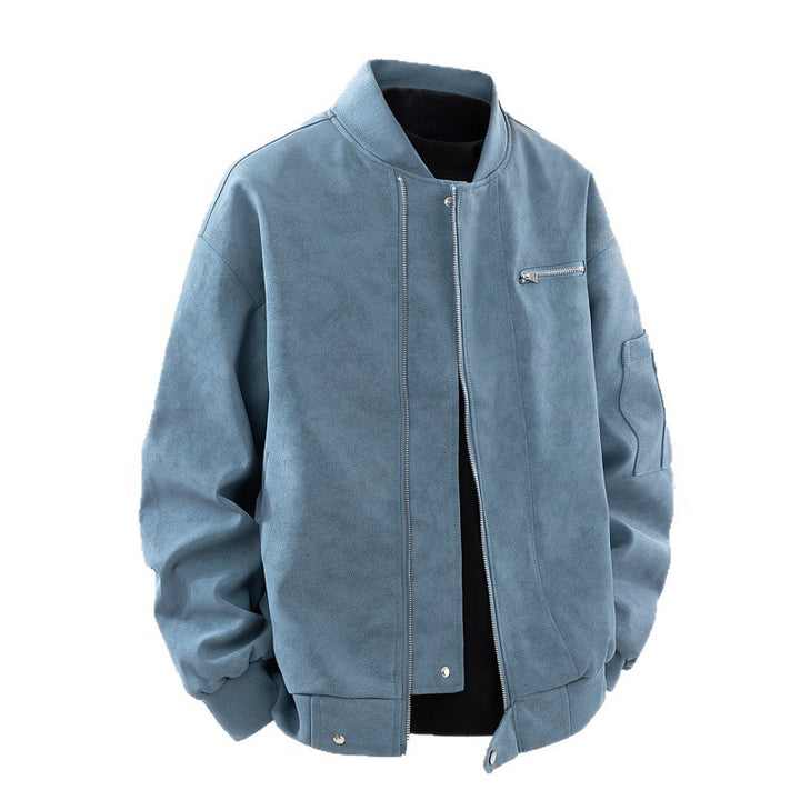 Men's Suede Look Bomber Jacket with Full Zip, Rib Collar and Utility Pockets Mune Fashion